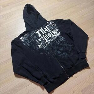 Mac Tools Full Zip Hoodie Black Graphic Skull Distressed Mechanic Sweatshirt